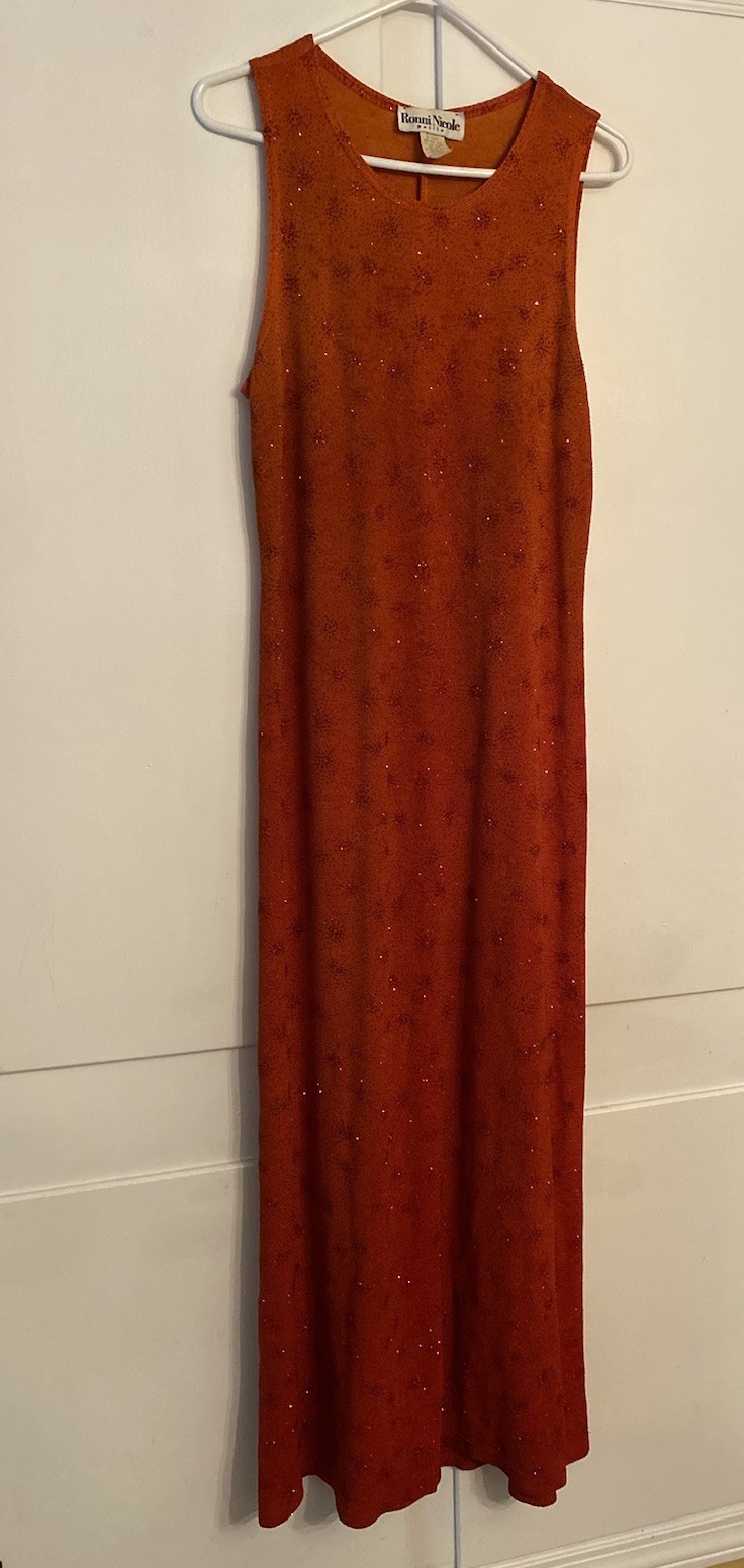 VTG Ronni Nicole Orange Slinky Glitter Sparkle Sleeveless Maxi Dress 12P Retro