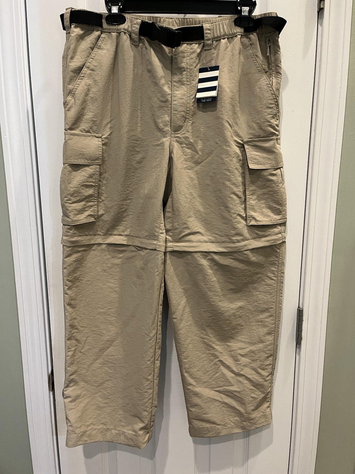 NWT Lands End Mens M Convertible Hiking Pants Nylon Zip Off Belted Trail Khaki