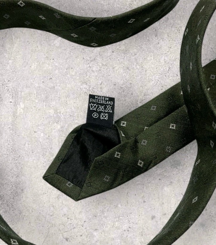 STRELLSON Silk Tie ITALY Green Gray White Geometric W:3.5″ EUC