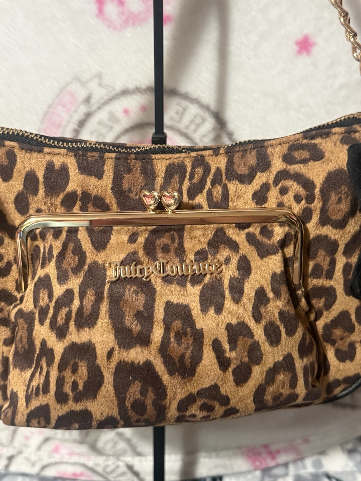 Juicy Couture Leopard Print Shoulder Bag Brown Black Bow Charm Zip Chain Pockets