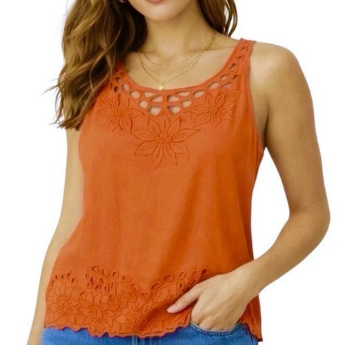 Sugar Lips Coral Sleeveless Tank Top Sz L Embroidered Floral Cutouts Hem Boho