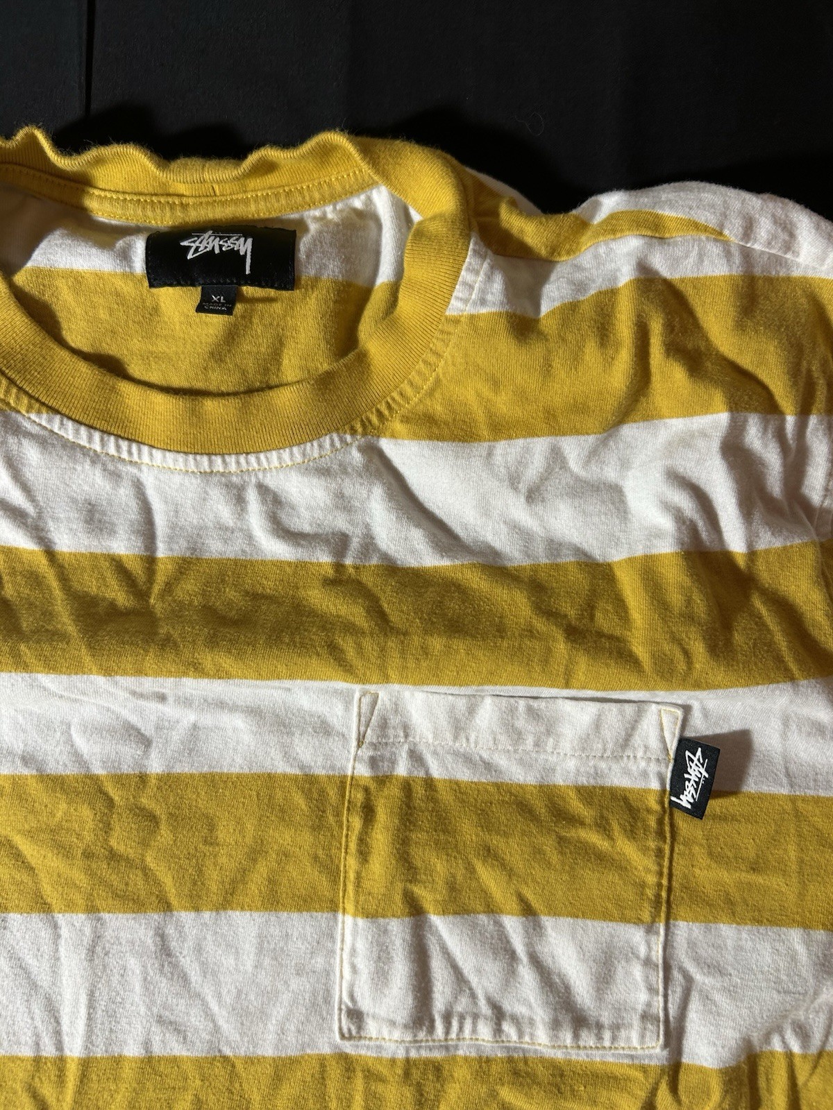 Stussy Yellow White Striped Pocket Logo Cotton Knit T-Shirt Men’s XL