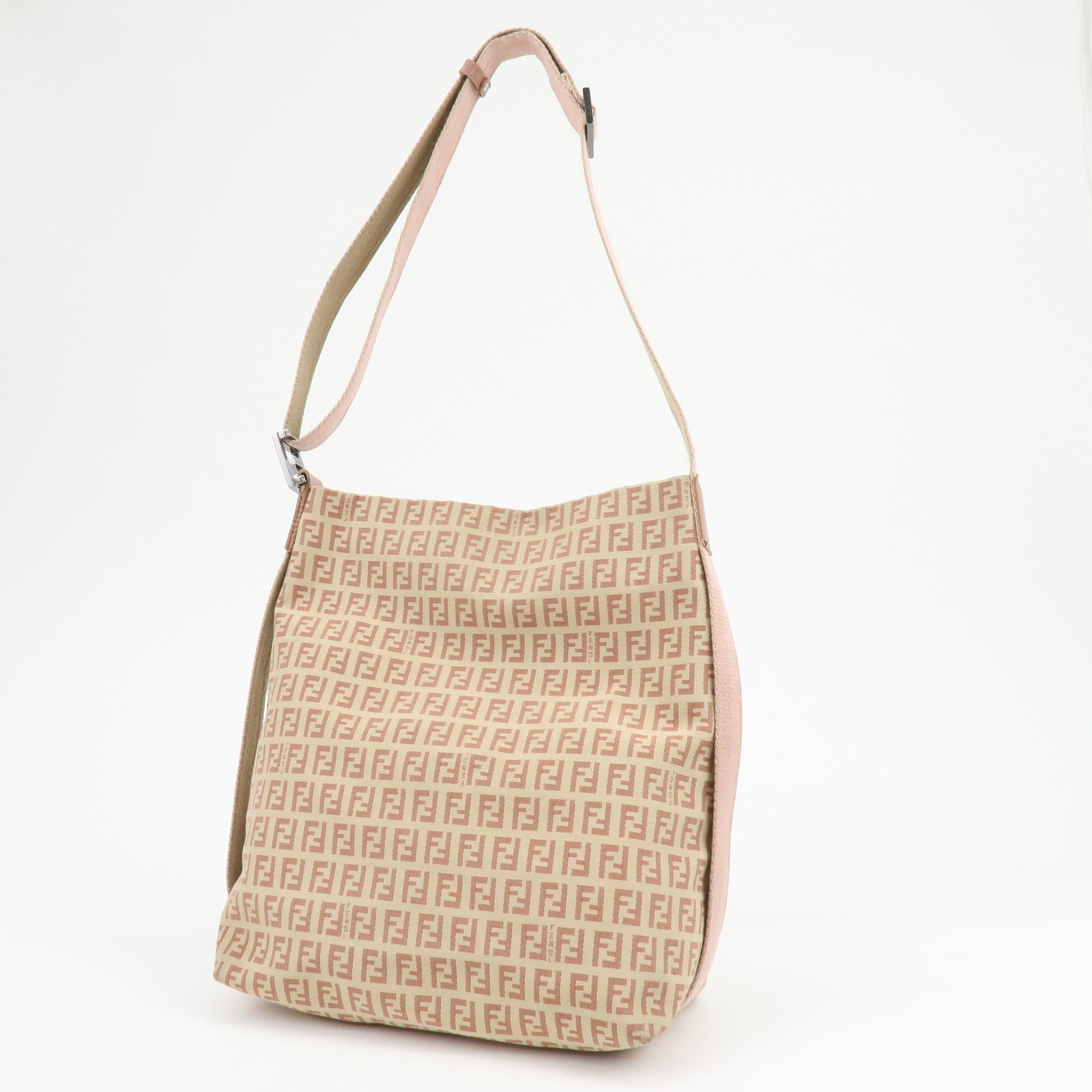FENDI Zucchino Canvas Leather Shoulder Bag Beige Pink 8BR318 Authentic Used F/S