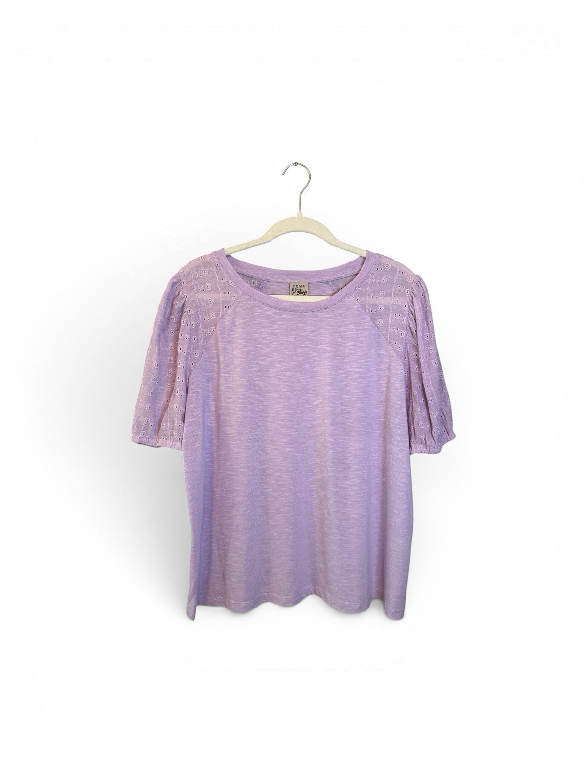 Como Vintage Lilac Eyelet Puff Sleeve T-Shirt Women’s XL Embroidered Top