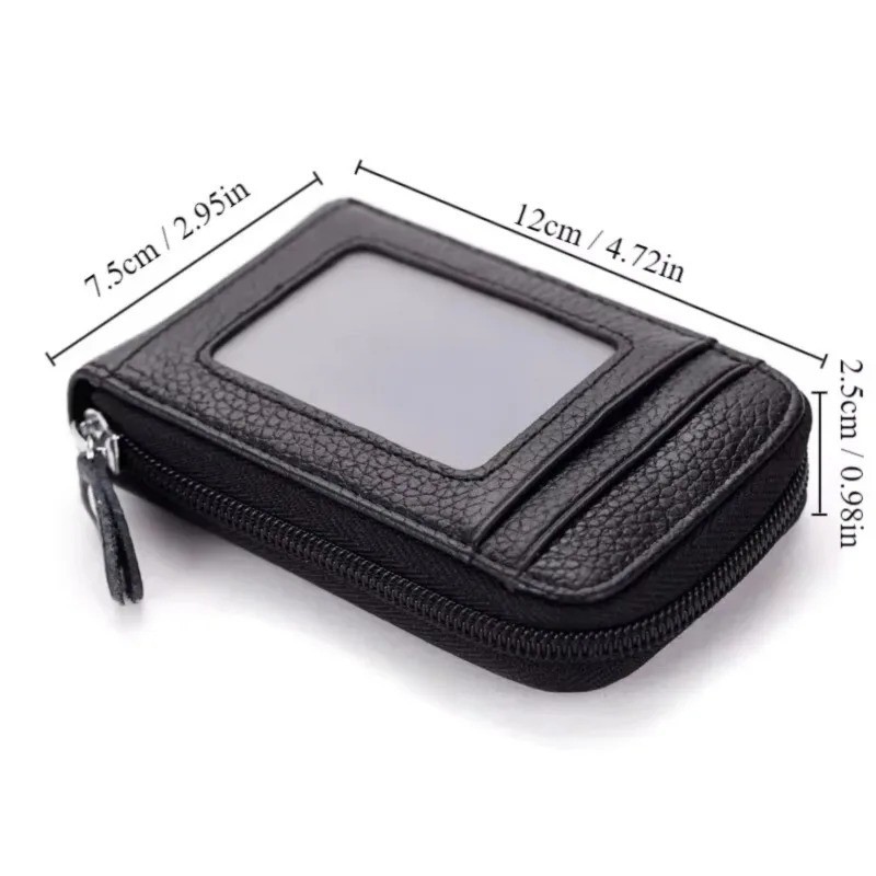 Leather Credit Card Holder RFID-Blocking Zipper Pocket Wallet with ID Window