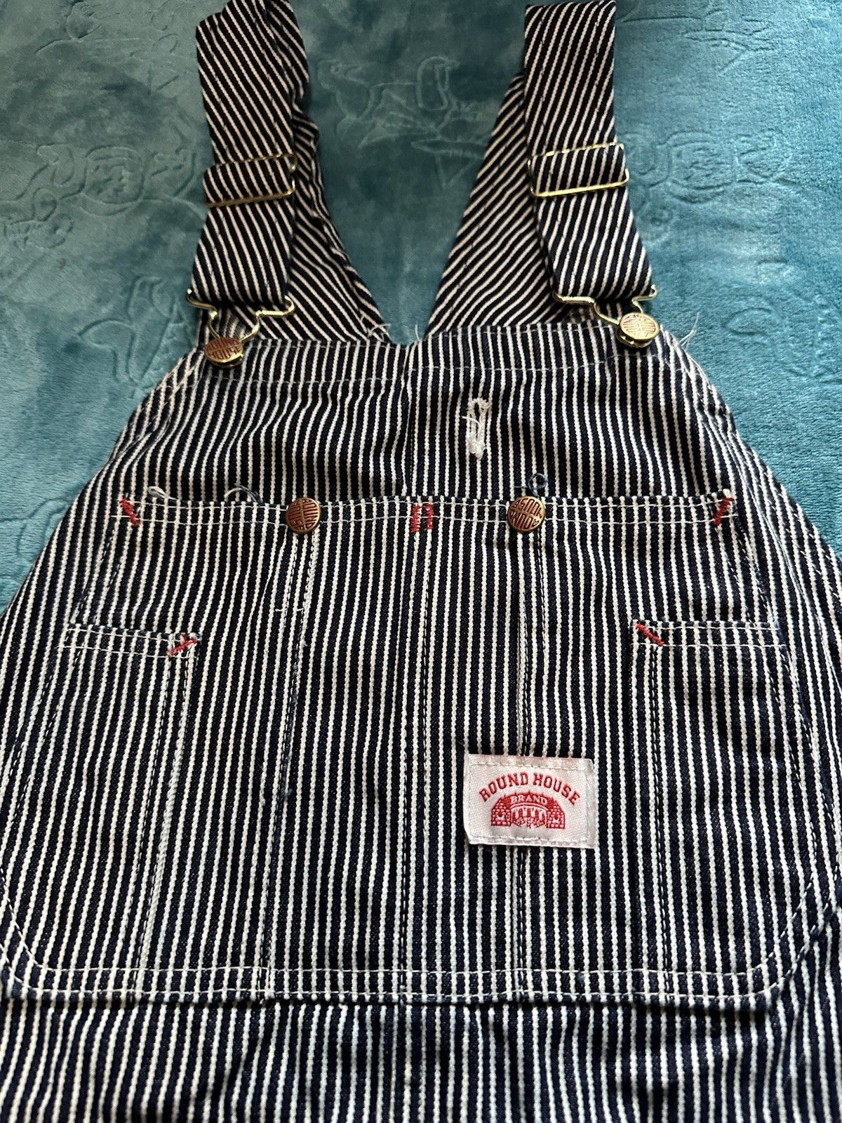 Round House Blue/White Stripe Cotton Denim Bib Overalls 36×34 Made in USA Lot 45