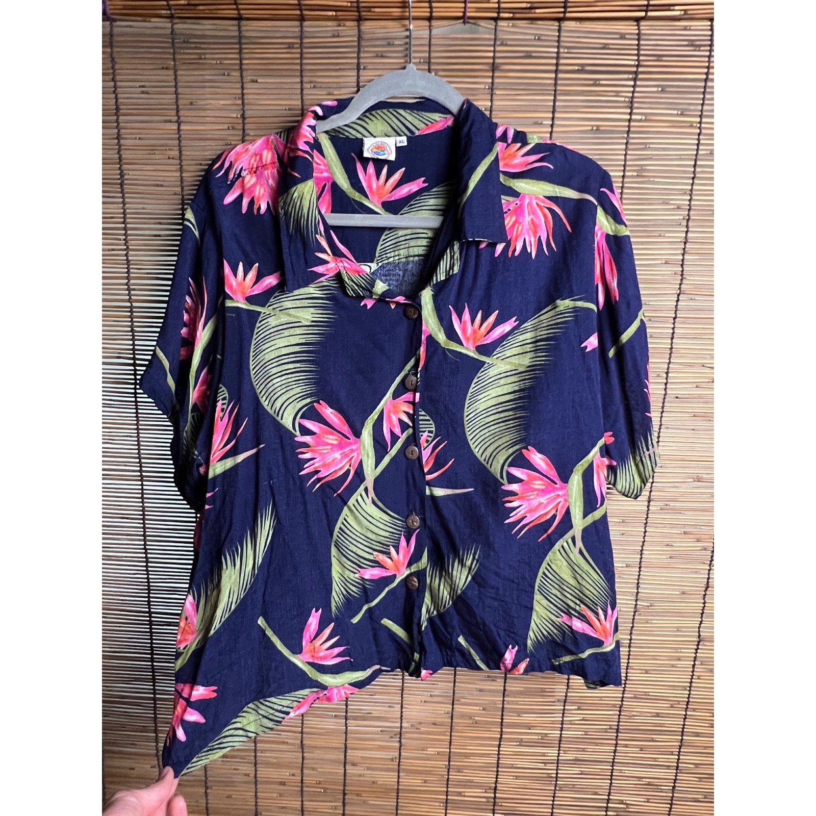 Makai Beach Hawaii Bird of Paradise Rayon Button Down Shirt Navy XL Tropical
