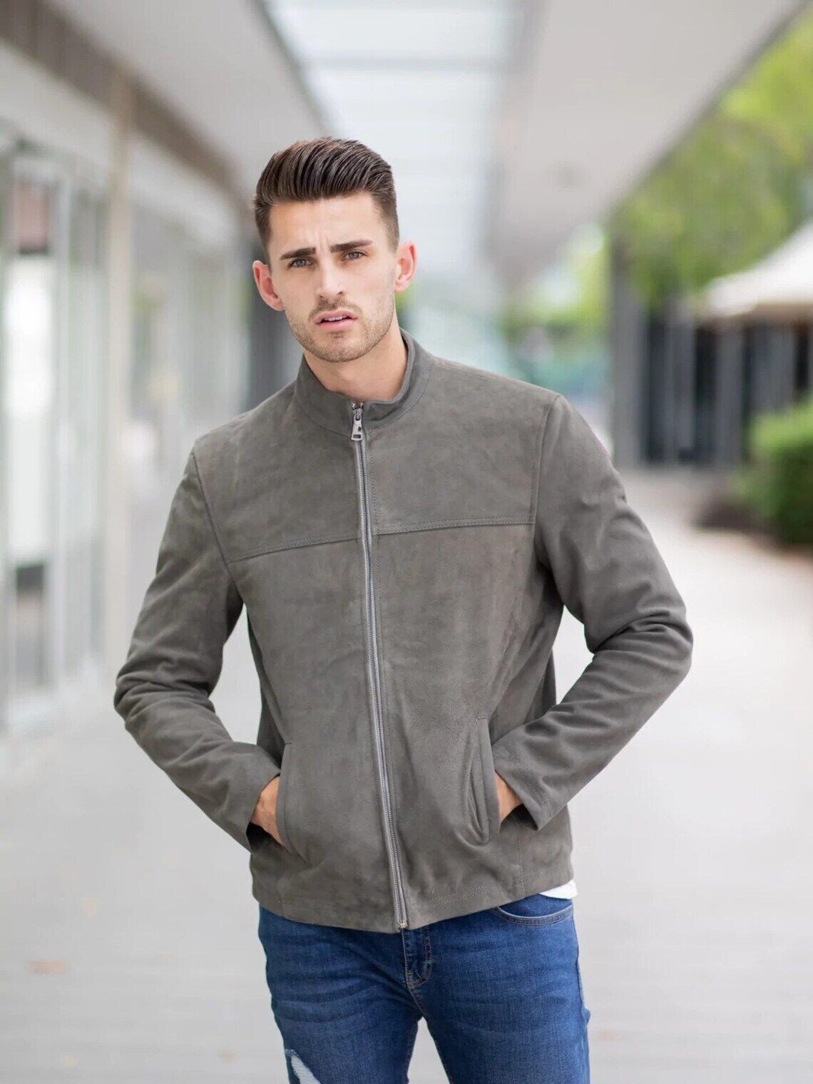 Leather Jacket Men Gray Genuine Suede Cafe Racer Size XS S M L XL XXL Custom-016