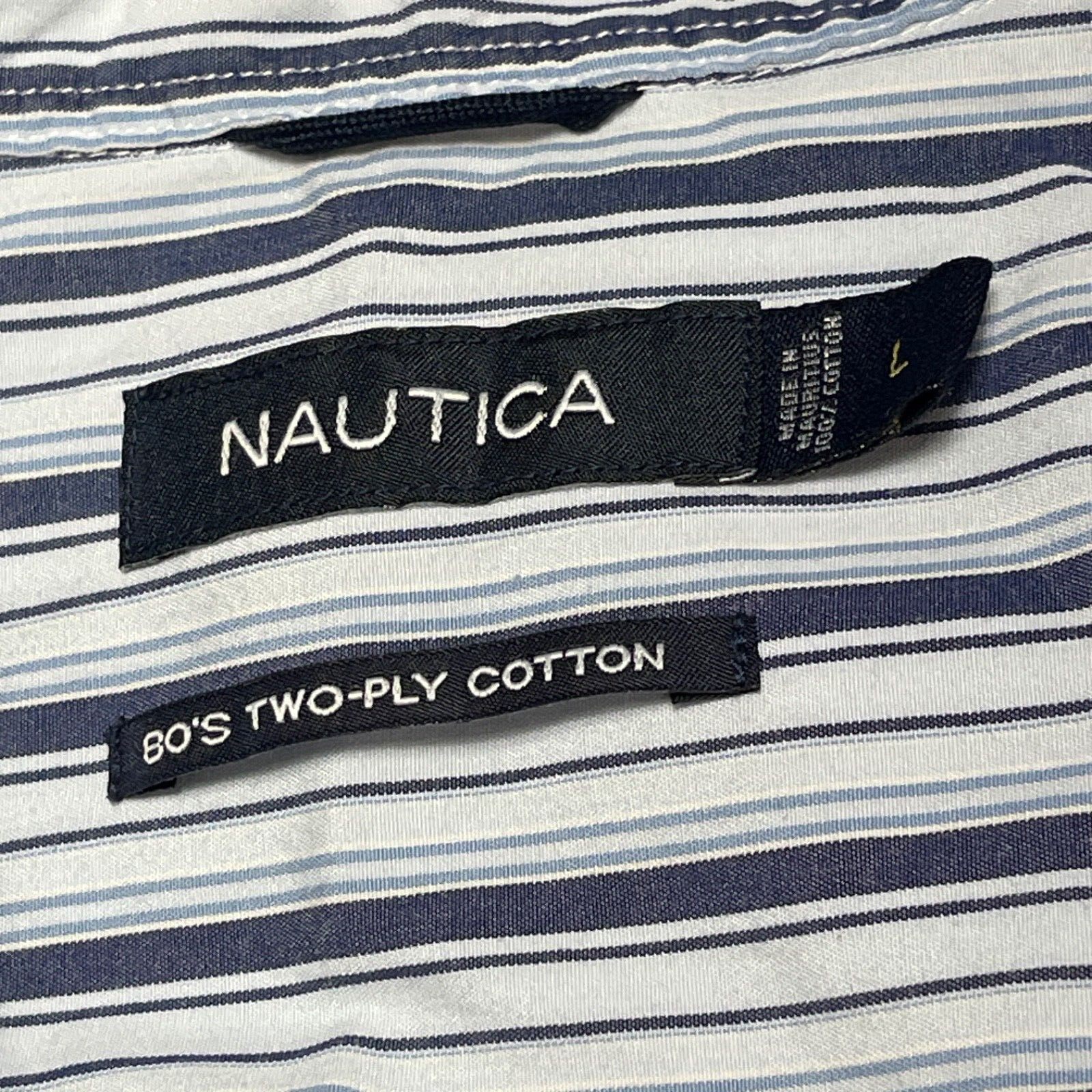 Nautica Shirt Mens Large Blue Stripe Button Up Dress Two Ply Cotton Preppy