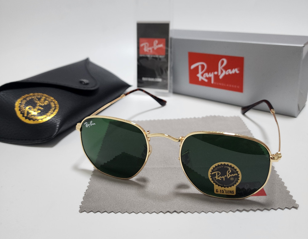 Ray-Ban RB3548N Hexagonal Sunglasses Gold Frame Glass Green Lens 51 mm
