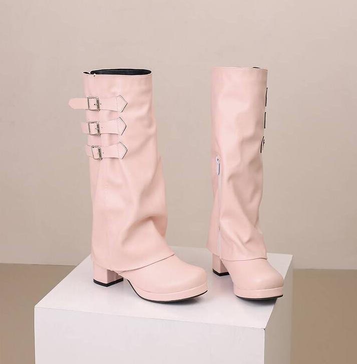 Women’s Block Heel Knee High Boots Knight Shoes Buckle Platform Side Zip Retro