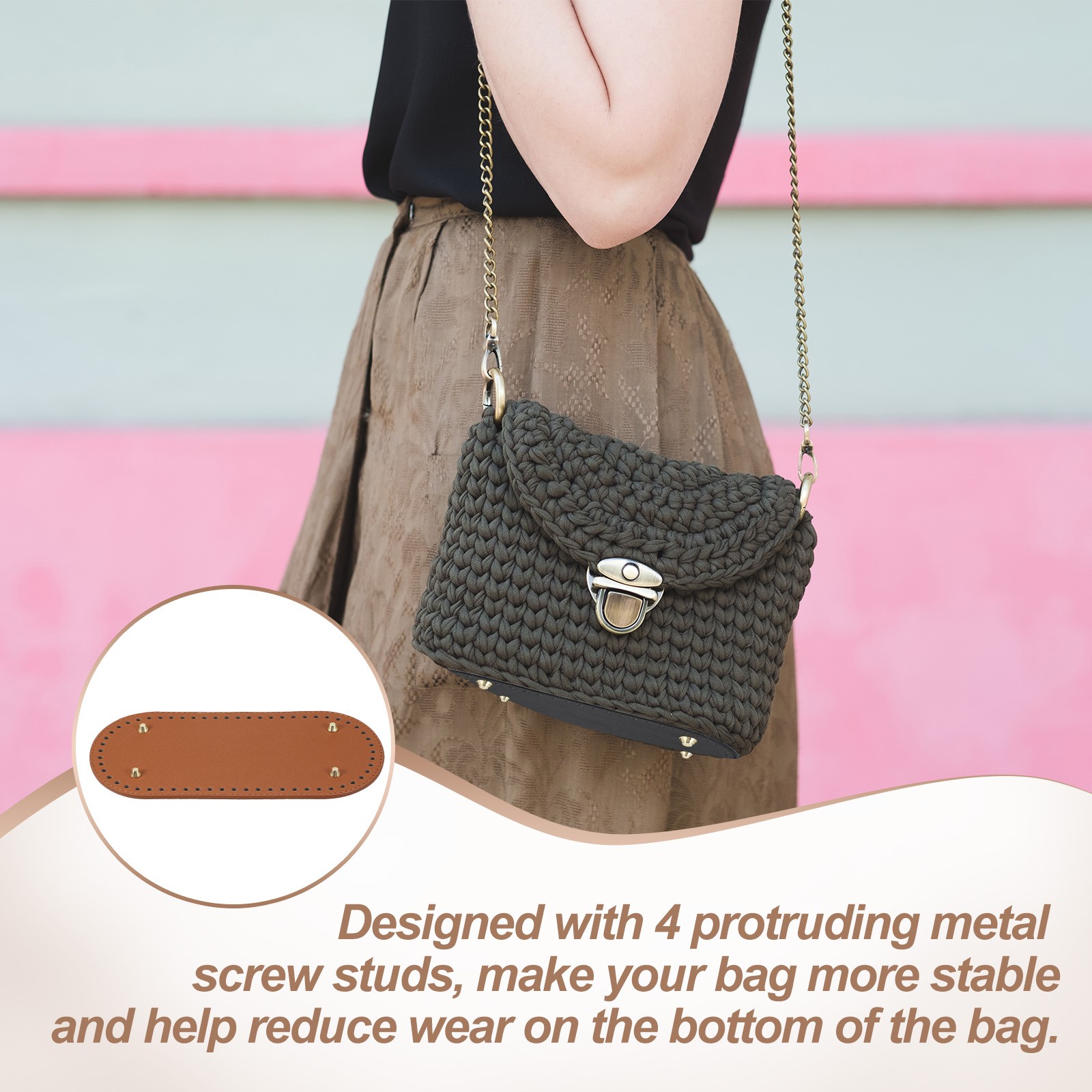 2Pcs Oval PU Leather Bag Bottom Shaper with Holes & Nails 9.8×4.7 Inch Brown