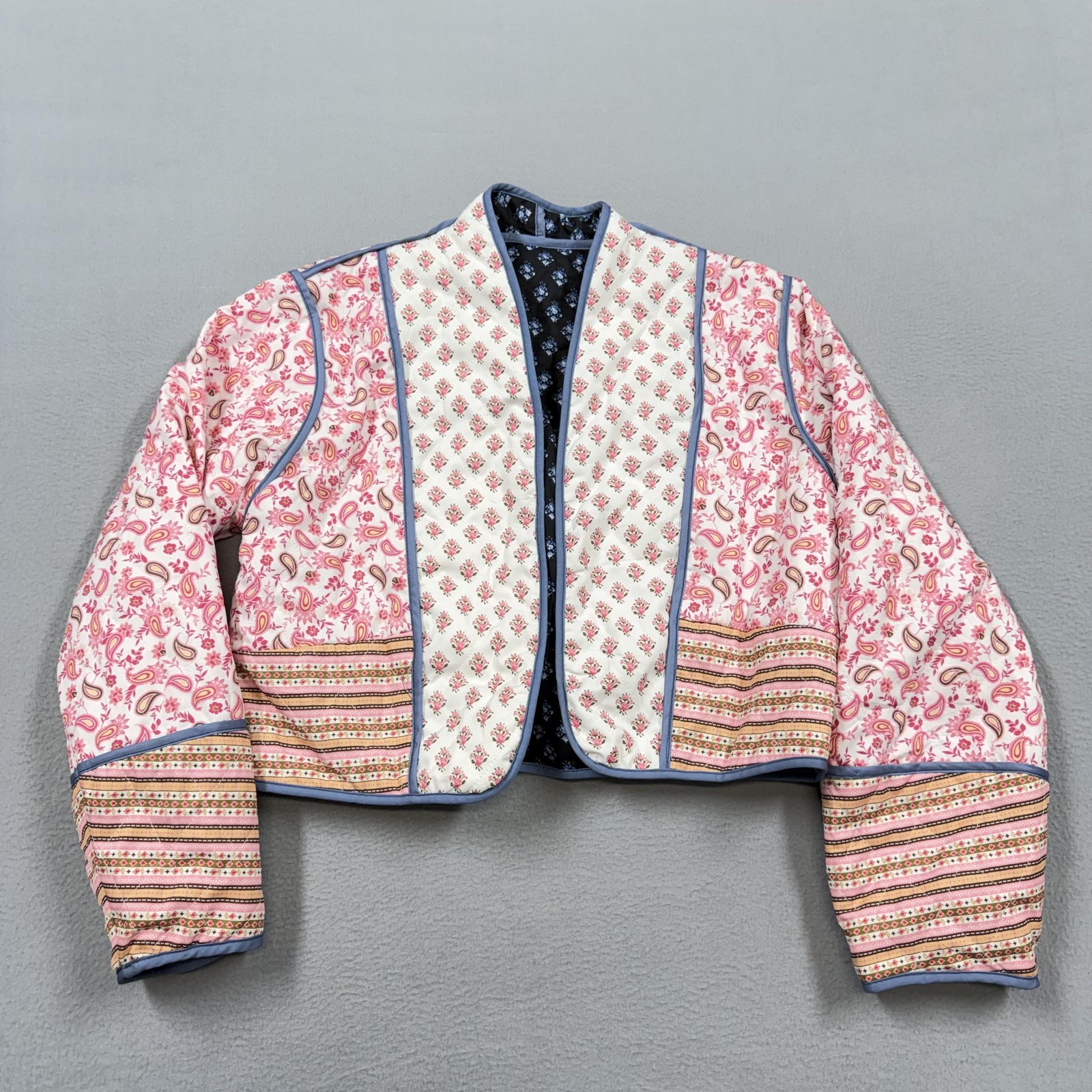 Jacket Womens Small Multicolor Quilted Floral Boho Collarless Open Short Padded