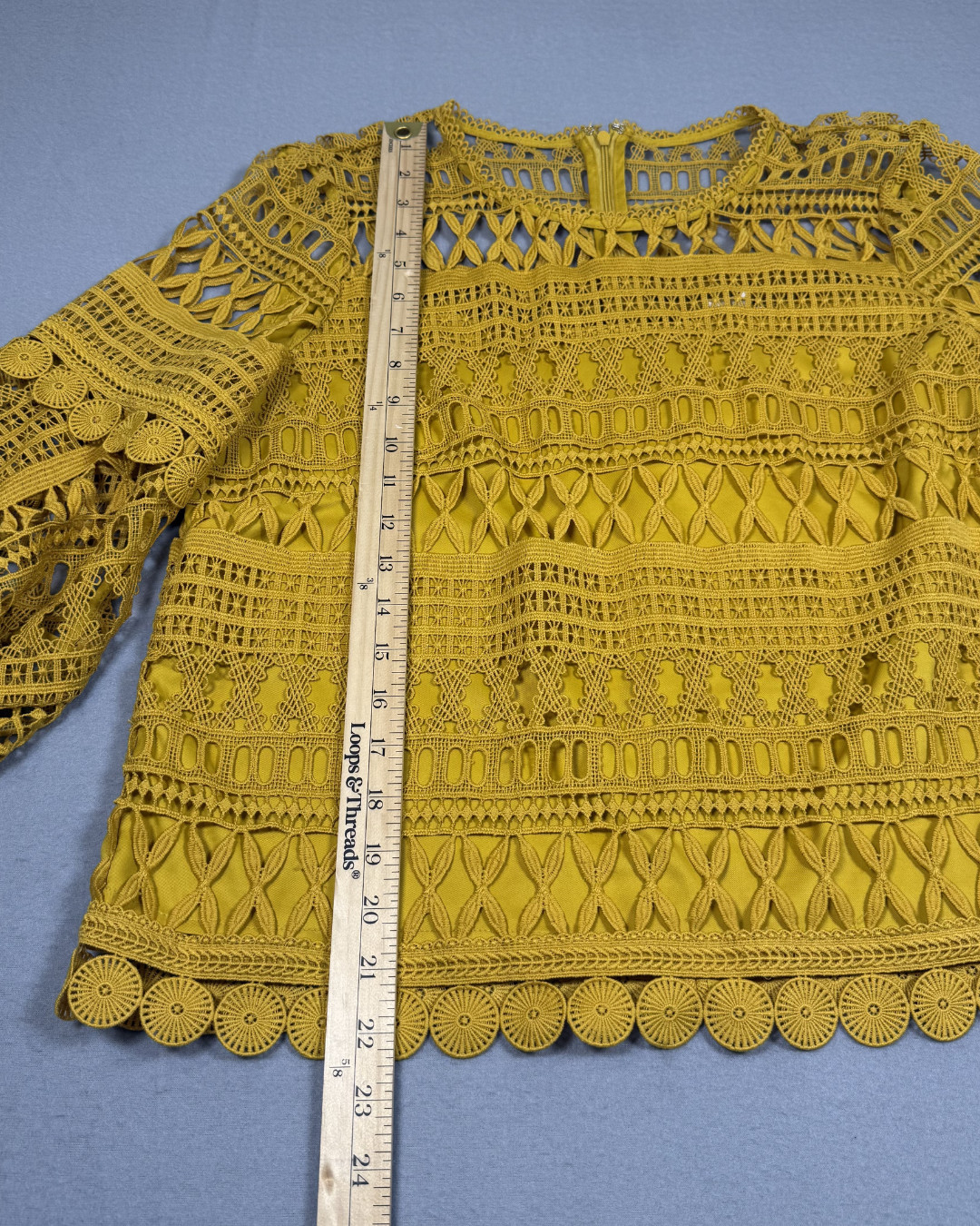 A. Moss Womens Medium Mustard Lace Crochet Blouse Long Sleeve Boho Top Lined