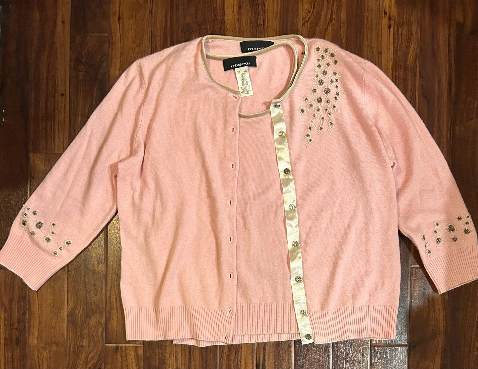 Jones New York Women’s Pink Beaded Twin Set Cardigan and Shell Size XL