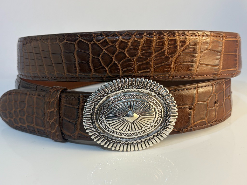 Sterling Silver .925 Hammered Concho Belt Buckle Genuine Alligator 44 Flemings