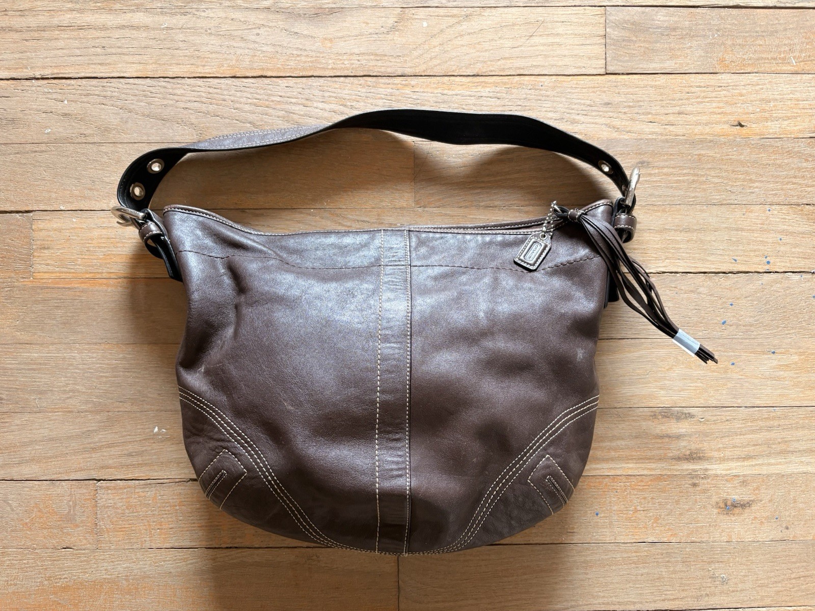 Coach Brown Leather Hobo Shoulder Bag Tassel Stitching Accent Classic