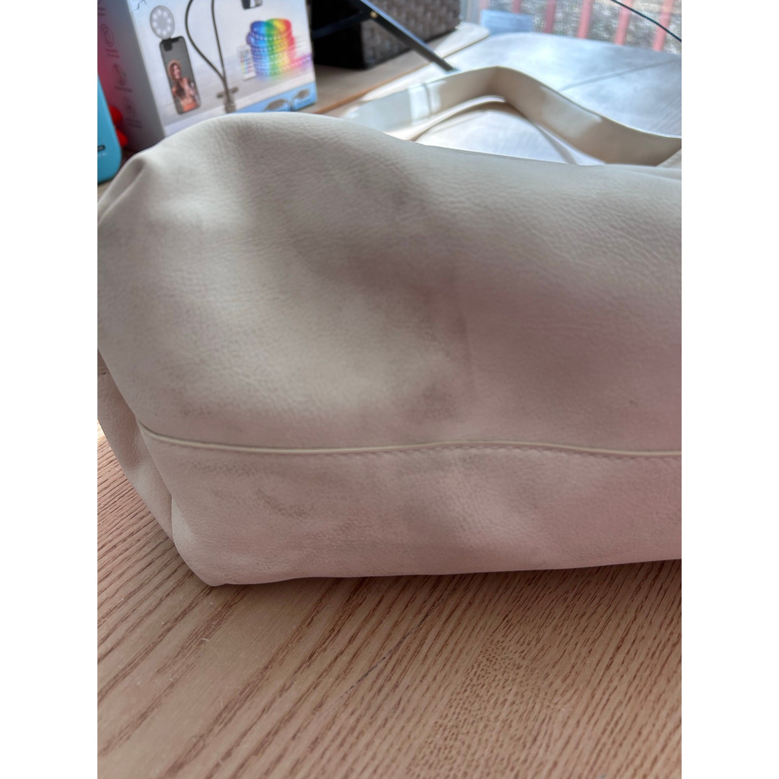 New Womens Universal Thread Faux Leather Look Handbag Purse Cream 15”x16” w/flaw