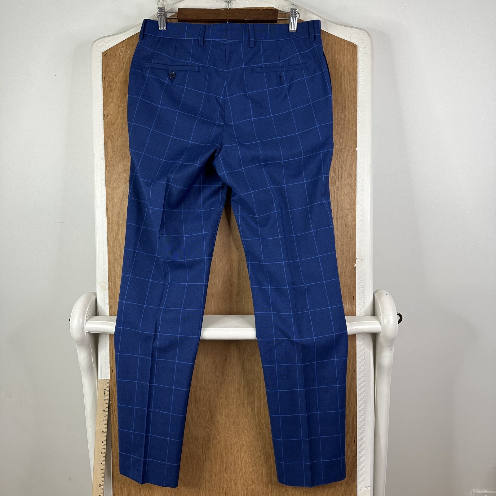 Bachrach Suit Mens 40L Navy Blue Windowpane Polyester Blend Pants 32×32 Flat