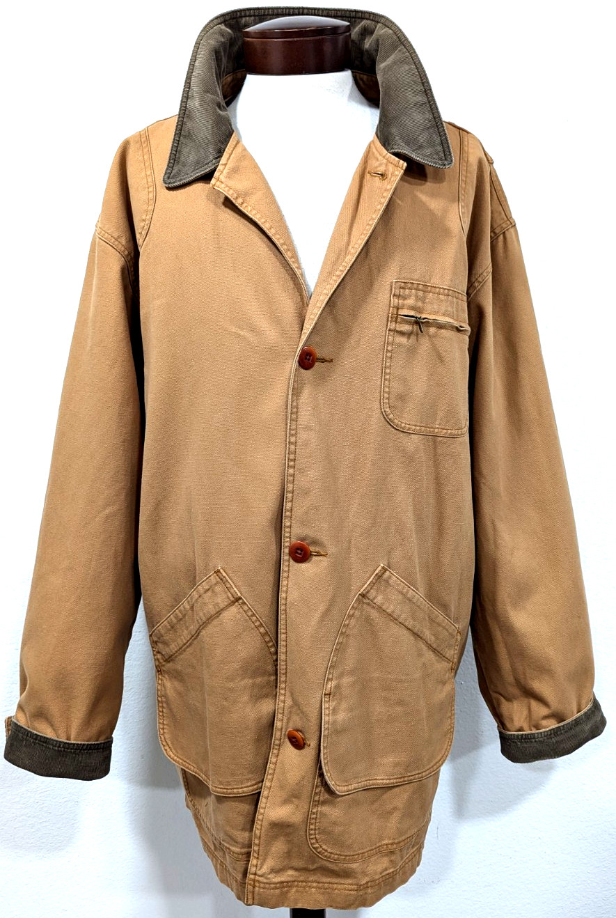 Vtg LL BEAN Barn Chore Coat Tan Canvas Red Plaid Wool Lining Men’s XXL TALL EUC*