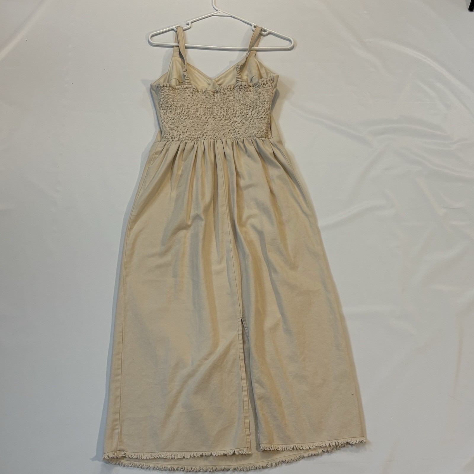 Sincerely Jules Beige Cotton Twill Midi Sheath Dress Fringe Sweetheart L D-137