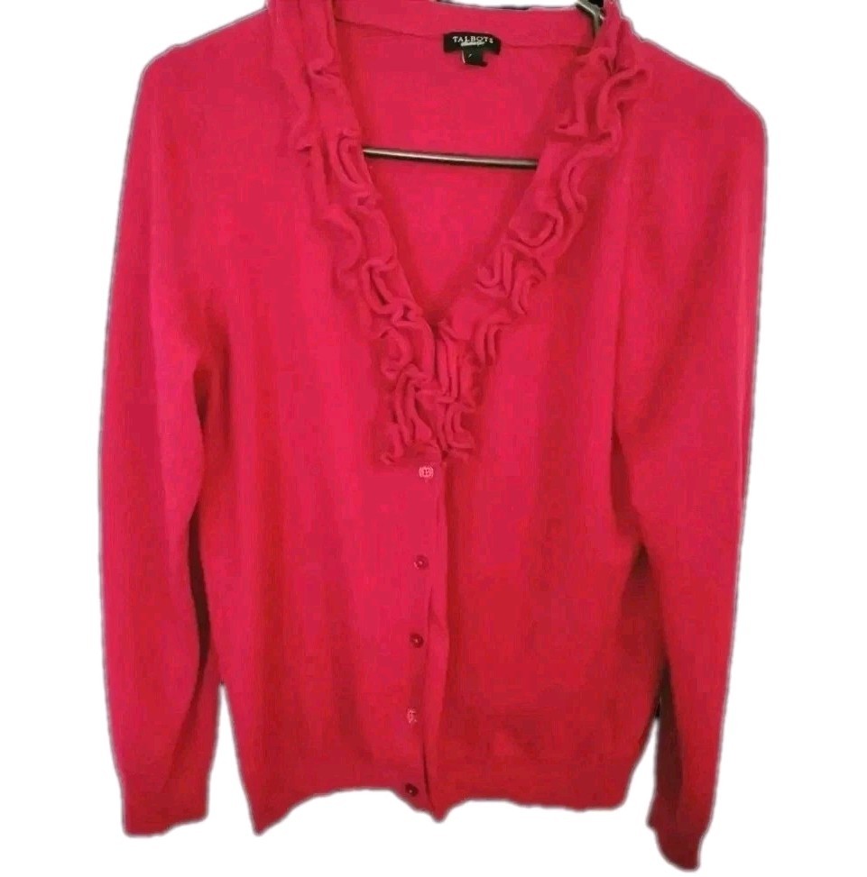 Talbots Large L Crimson Ruffled V-Neck Wool Blend Blouse Cottagecore Red