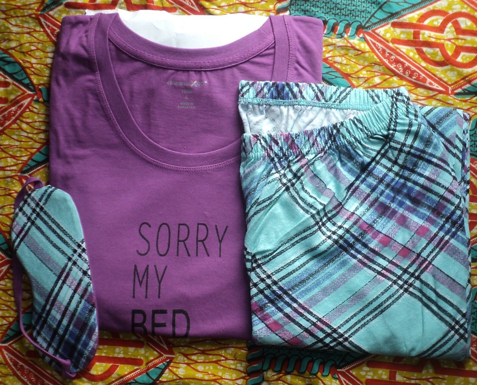 Dreams & Co. Plus Size Multi Plaid Pajama Set With/Eye Mask Size L(18/20)