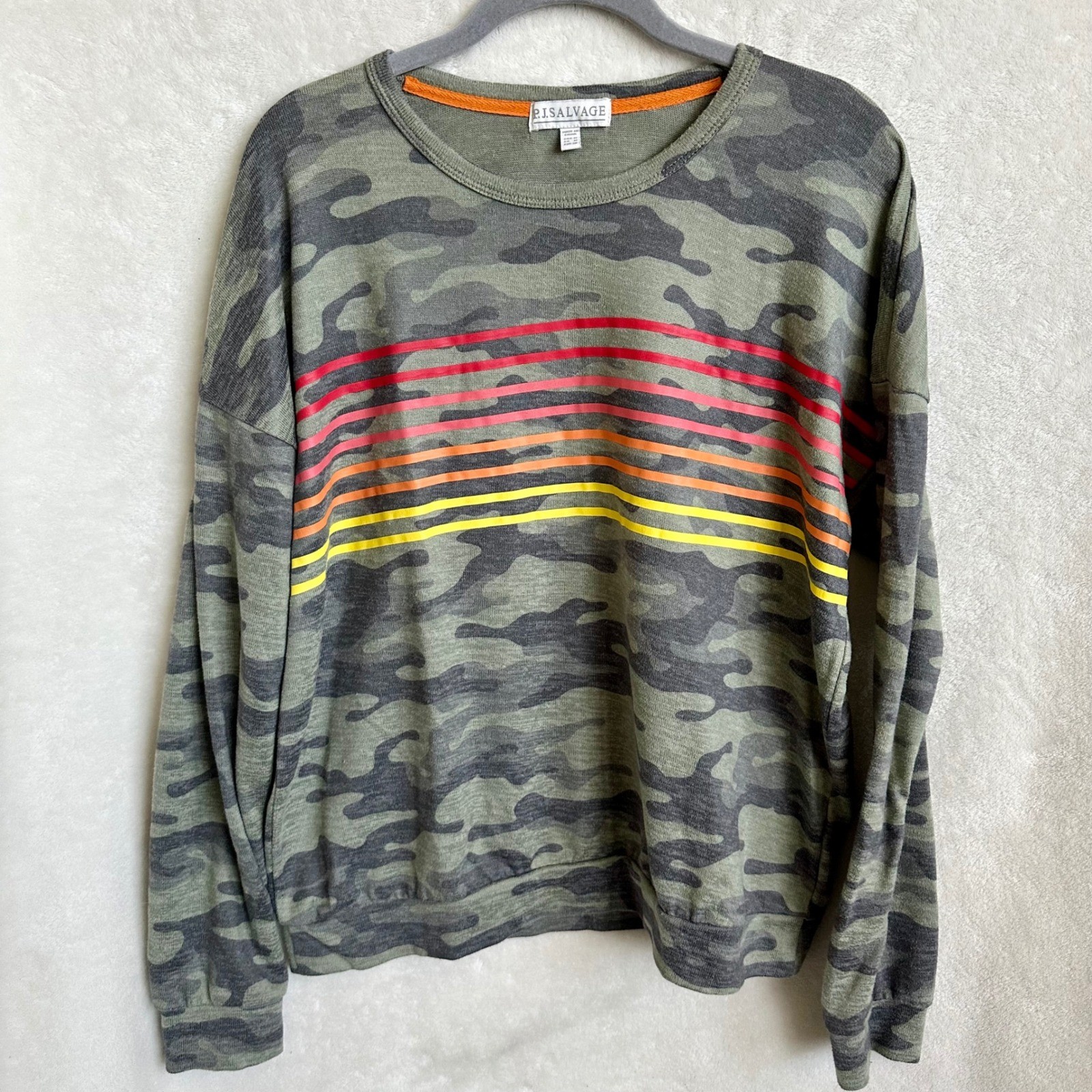 P.J. Salvage Women’s Size Medium Camouflage Neon Sunset Stripe Sweatshirt EUC
