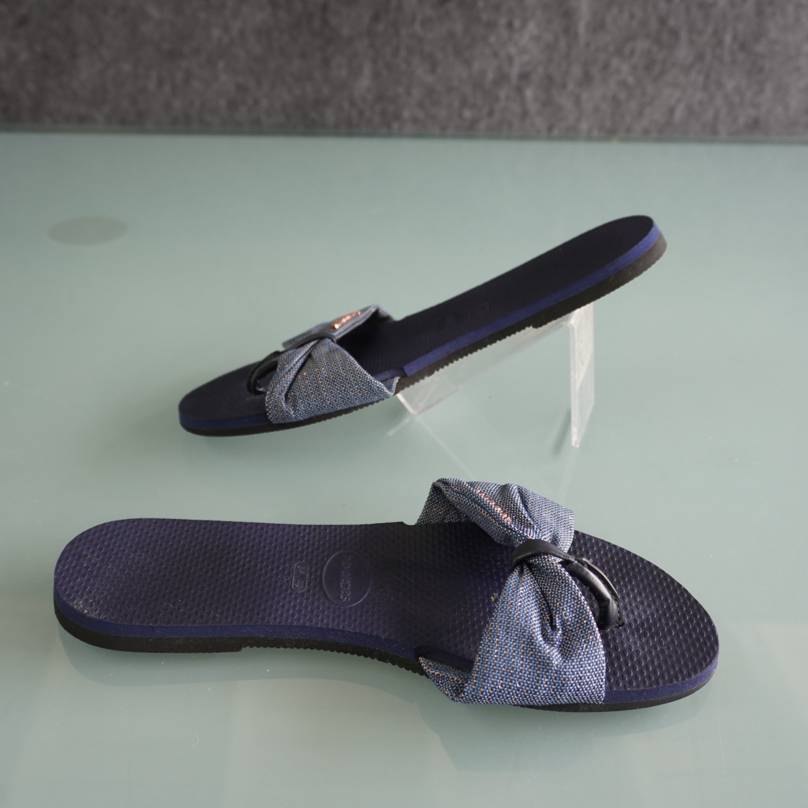 Havaianas You St Tropez Shine Sandals Womens 9 10 Navy Blue Fabric Bow Flip Flop