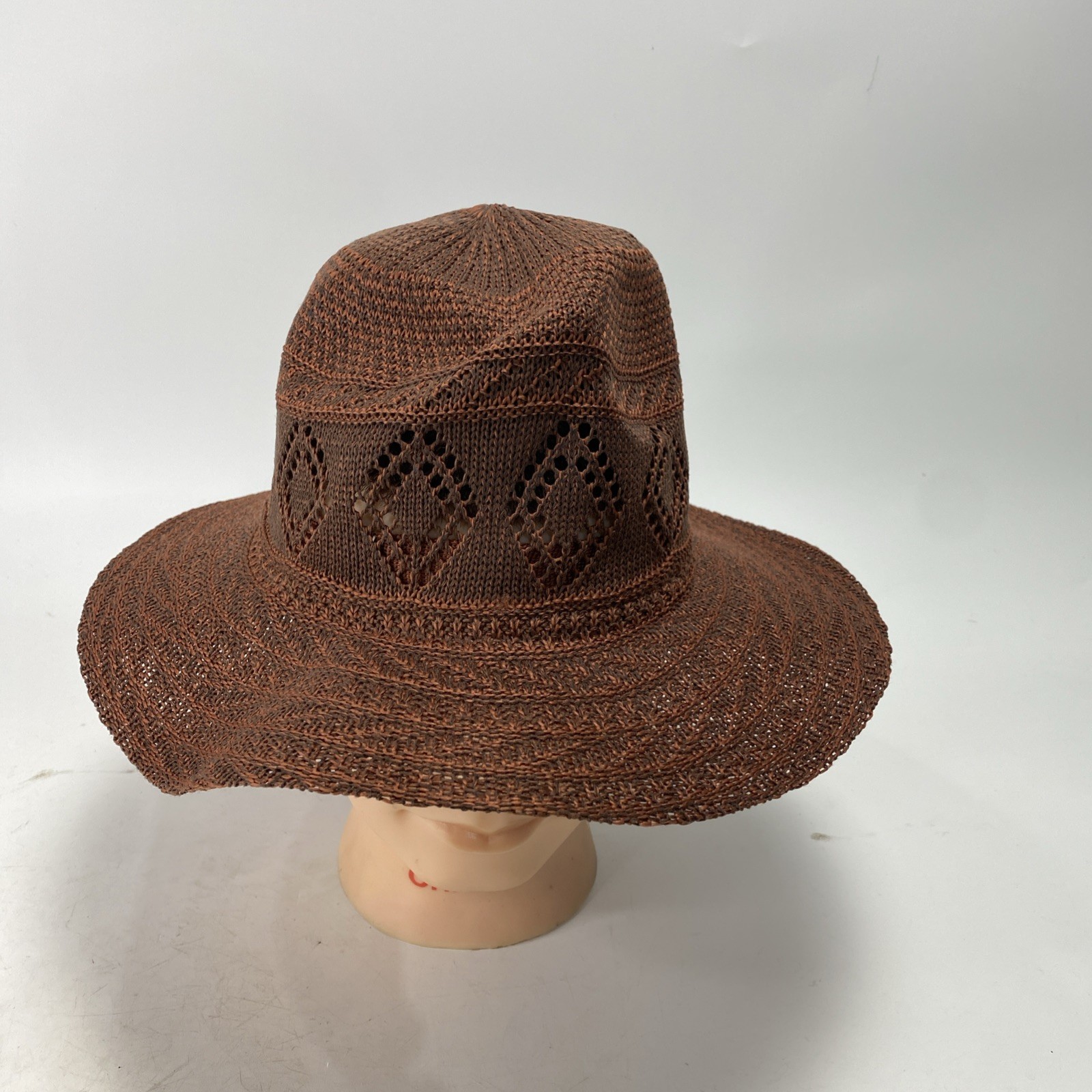 Francesca’s Hat Sun Floppy Womens One Size Brown Open Diamond Weave Wide Brim