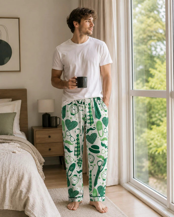 All-Over Print Men’s Satin Pajama Pants, Soft Silky Lounge Sleepwear for Men