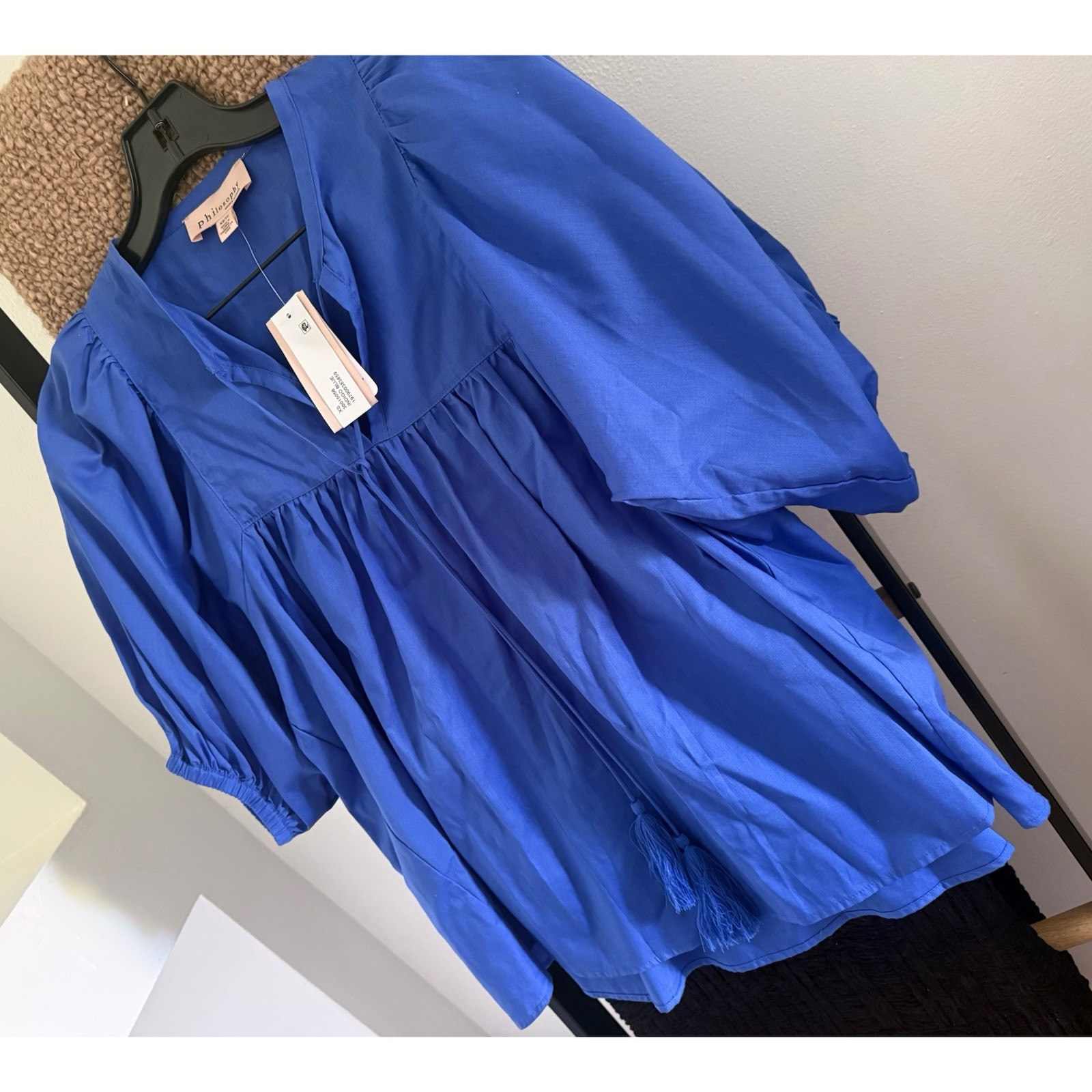 Philosophy Indigo Blue Peasant Style Tassel Shirt Blouse Size XS