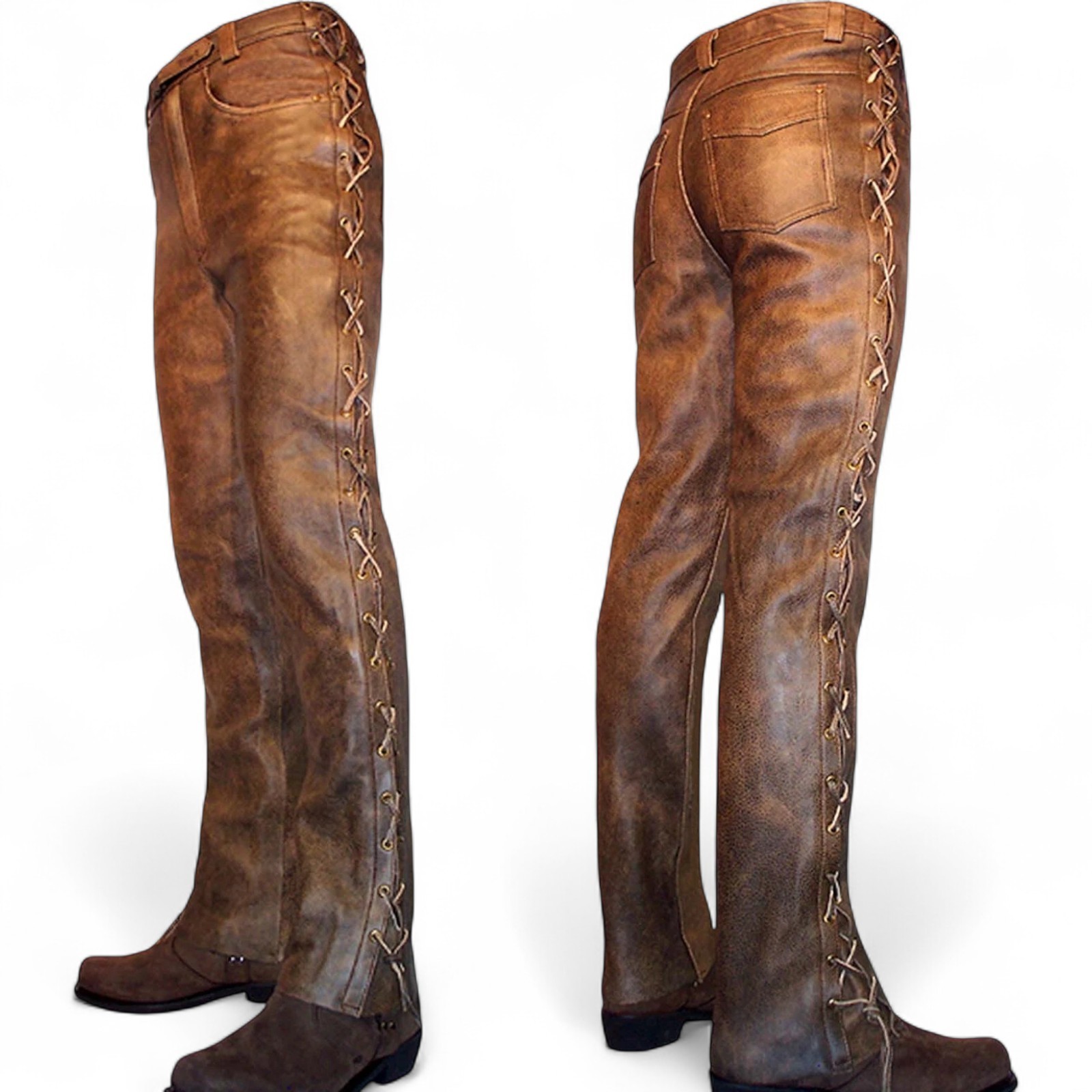 Men’s Cowboy Pant Western Distressed Vintage Native American Side Laces Up Pants