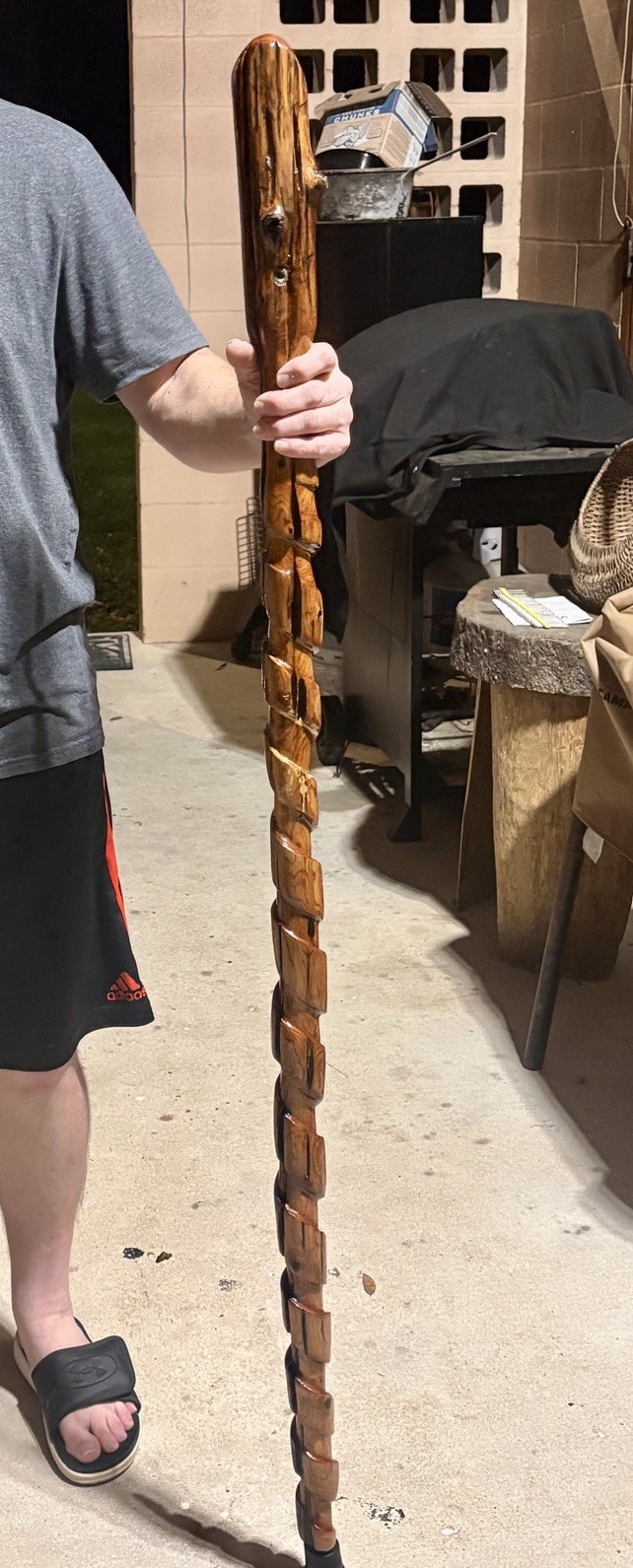 59” Hiking Staff Walking Stick W/stand Hand Carved Juniper From Gulf Coast River