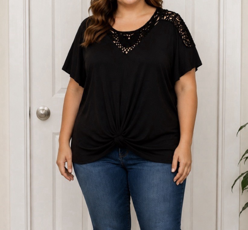 Torrid Black Solid Scoop Neck Crochet Yoke Short Sleeve Top – 5XL