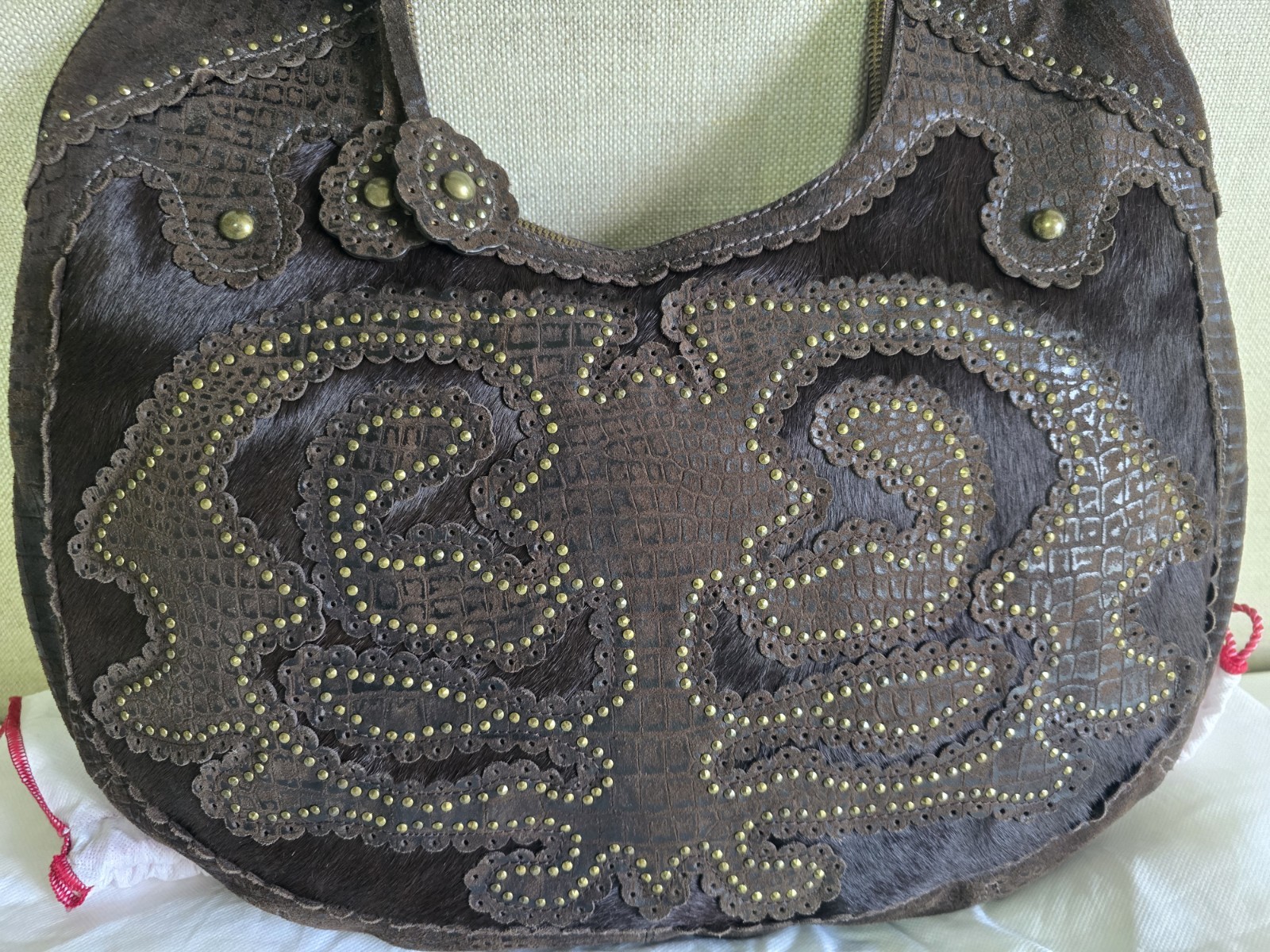 Isabella Fiore NWT, Brown Leather/Calf Hair Studded Hobo Bag, Aldic Ging RARE