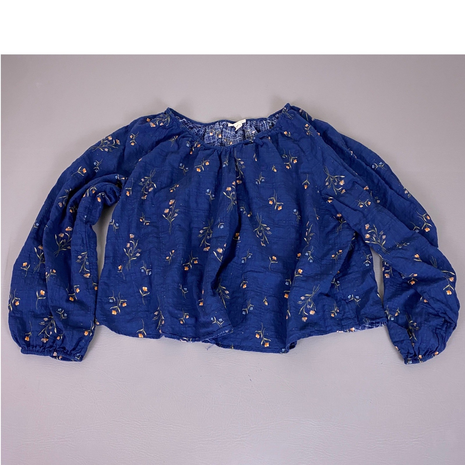 a.n.a a new approach Blouse Plus Size 2X Navy Blue Floral Peasant Long Sleeve
