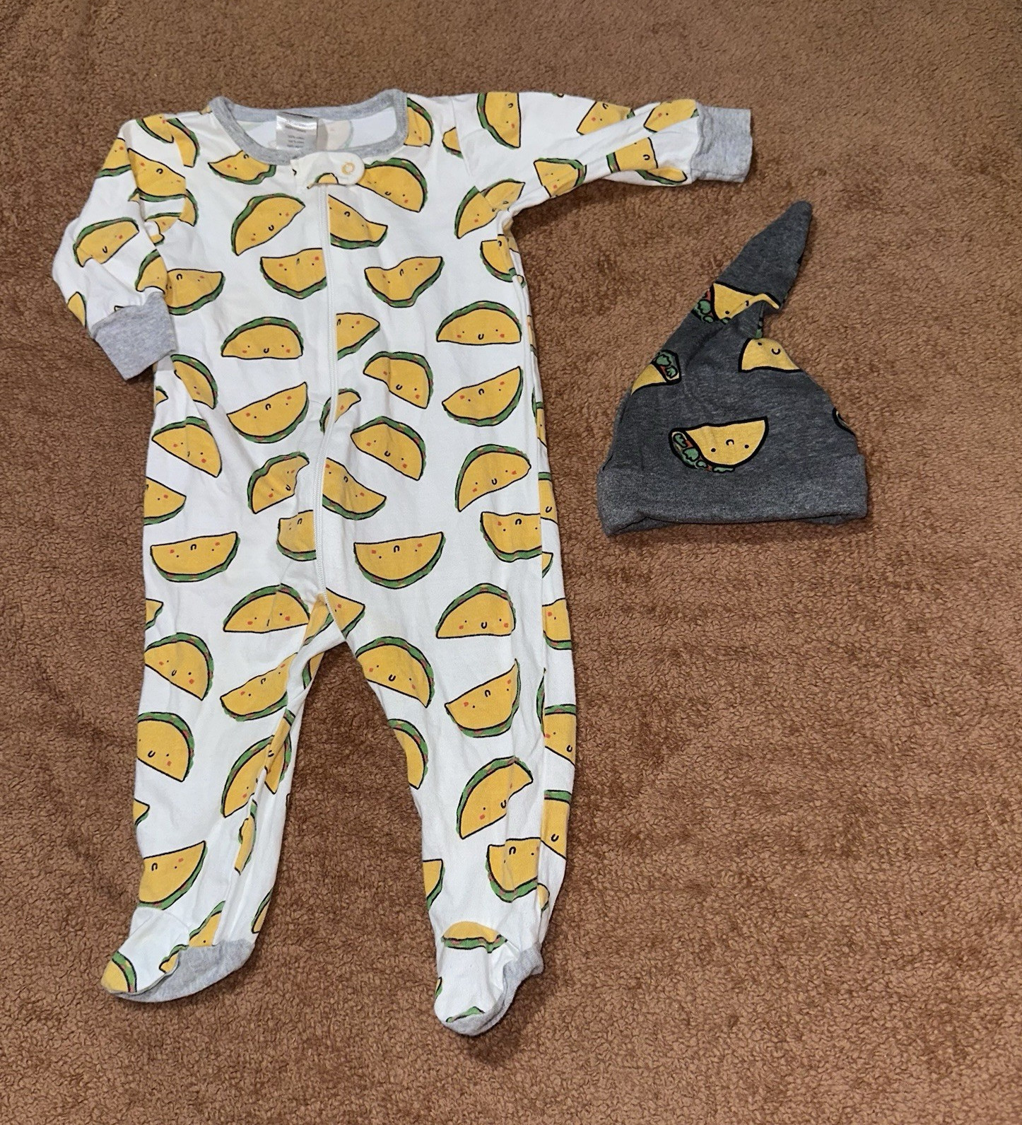 Baby Taco Print Footed Zip Sleeper & Matching Hat Set, Cotton Knit 0-3M