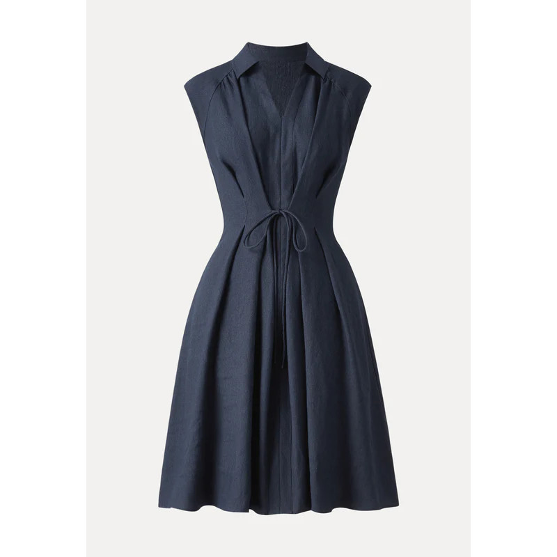 OGL Viscose-Linen Collared V-neck Midi Dress with Drawstring Pick Color/Size NWT