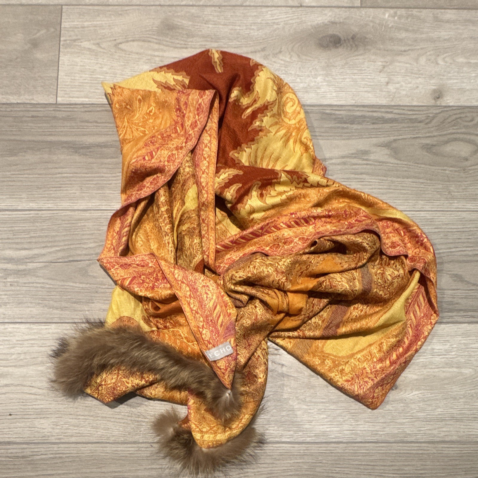 Echo Women’s Multicolor Paisley Patterned Scarf Wrap with Fur Trim Accent
