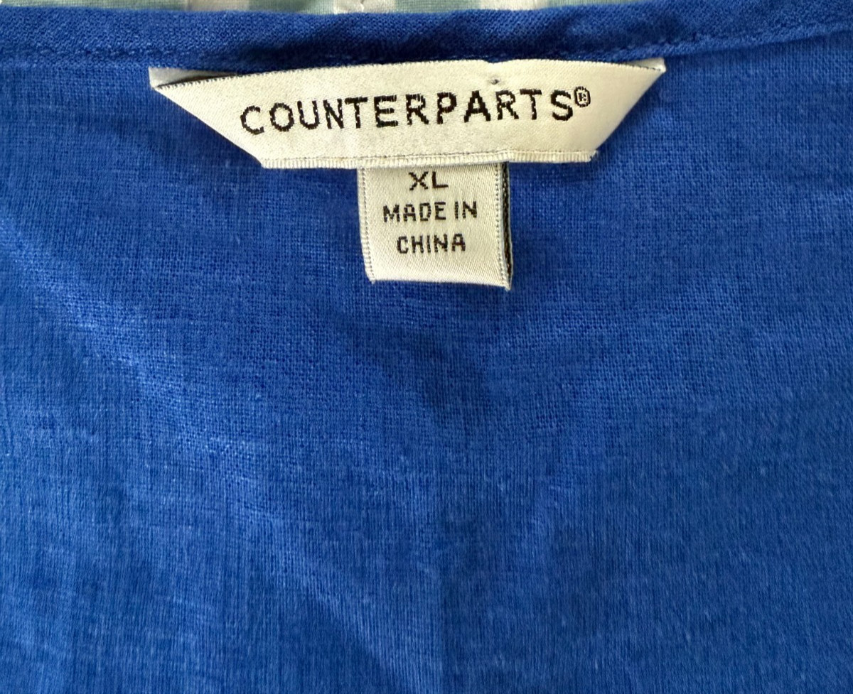 Counterparts Tunic Top Sleeveless V-Neck Royal Blue Embroidered Linen Blend XL