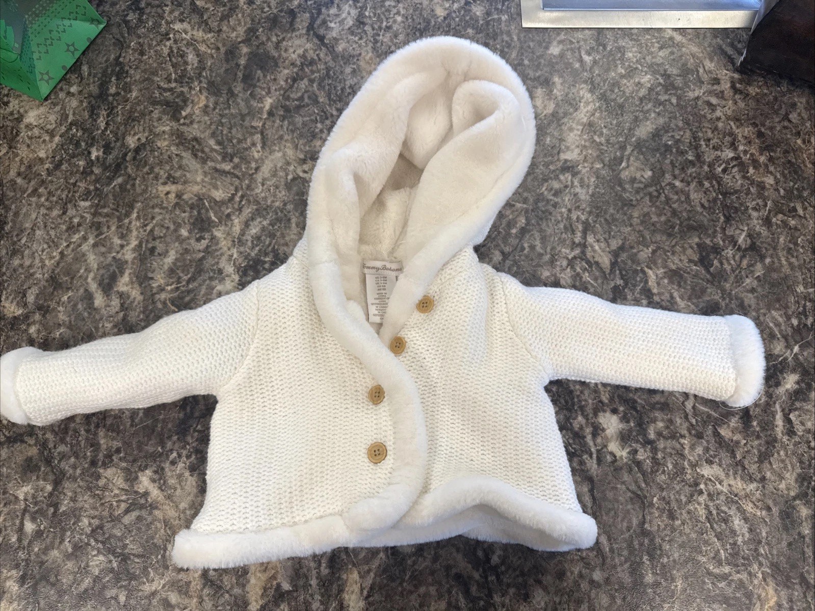 “Tommy Bahama” 3-6 Month White Knitted A Sharpa Fur Coat Hood *Stain