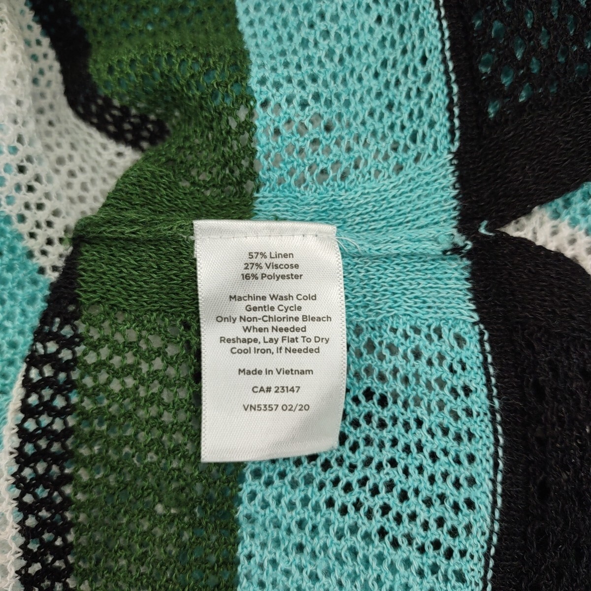 Talbots Top Womens Large Green Striped Linen Blend Open Knit Mesh Split Neck