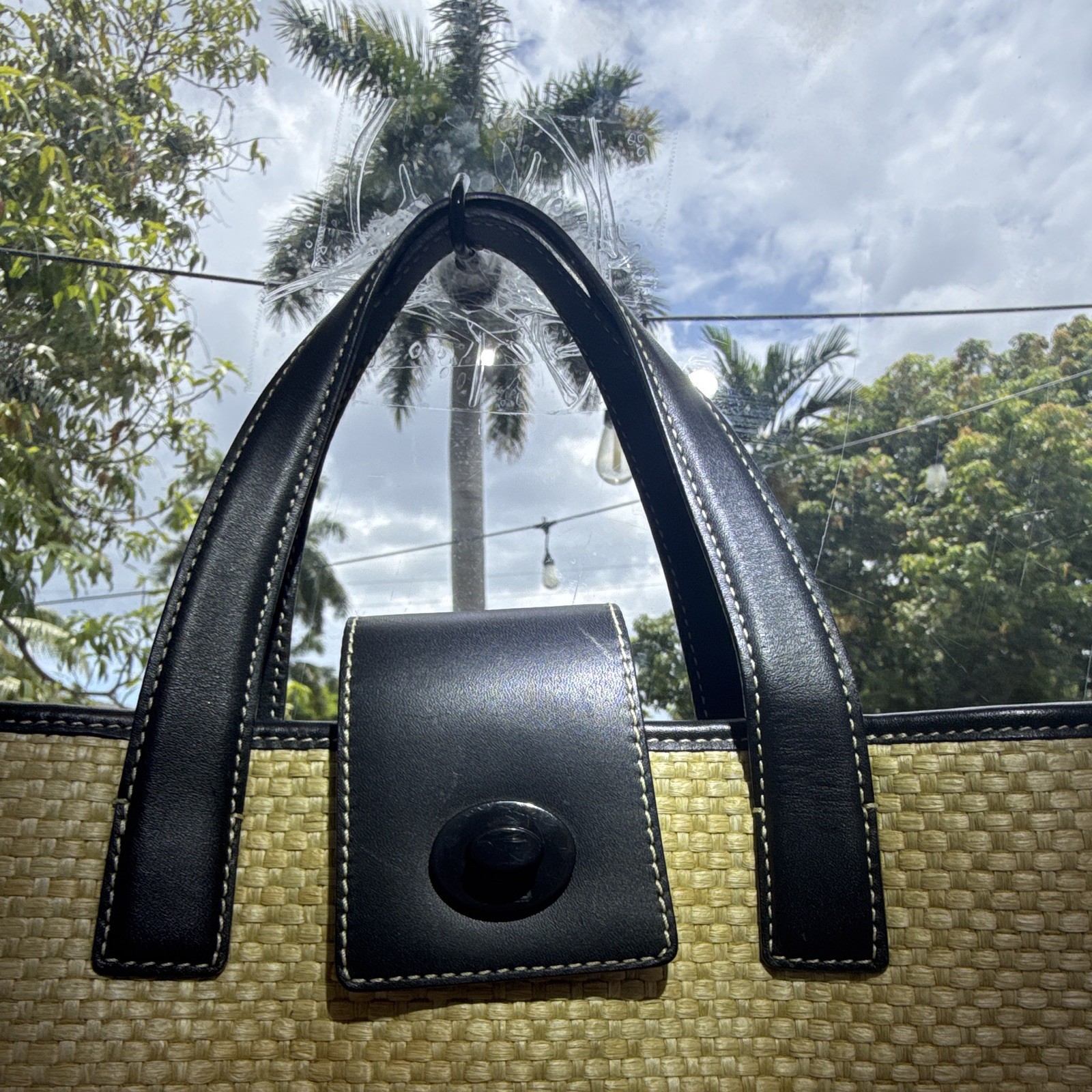 Coach Woven Beige Black Tote Bag Turn Lock Zip Double Handles Inner Pockets