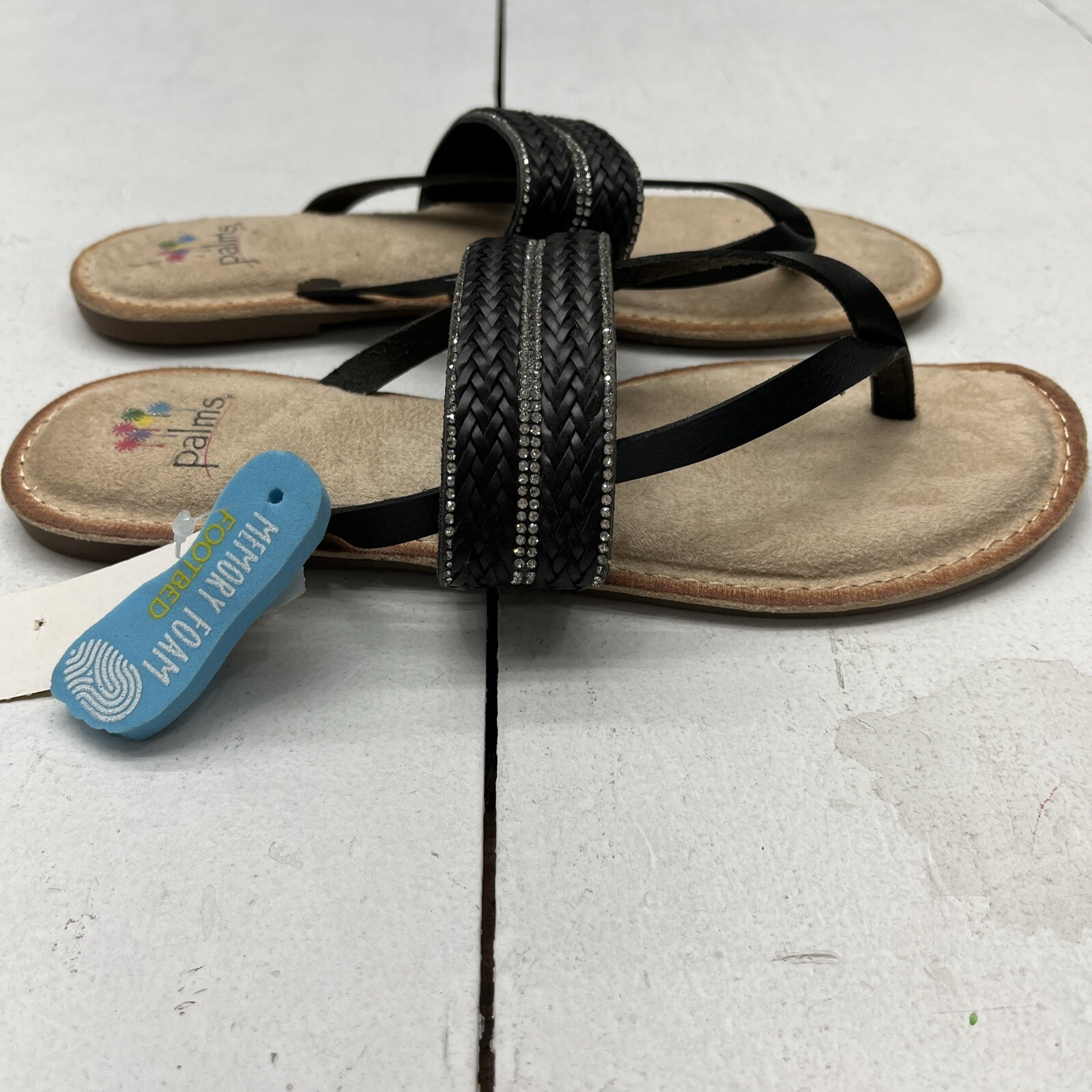 Palms Black Thong Strap Sandal Rhinestone Memory Foam Footbed Women’s Size 8