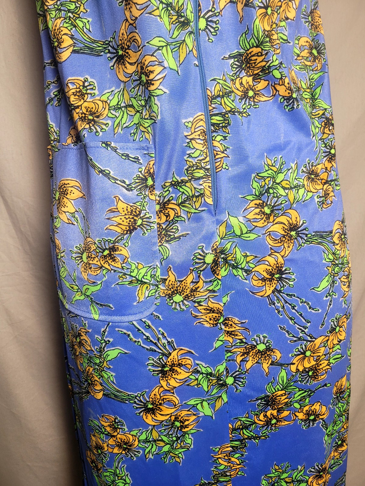 Vintage 60s 70s Blue Yellow Floral Maxi Leg Slits Sleeveless Size M Pocket Zip