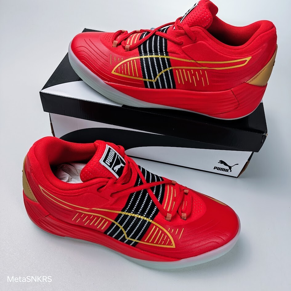 Puma US 11.5 Men’s Red Black Gold Basketball Light Fusion Nitro 195587 04 NIB