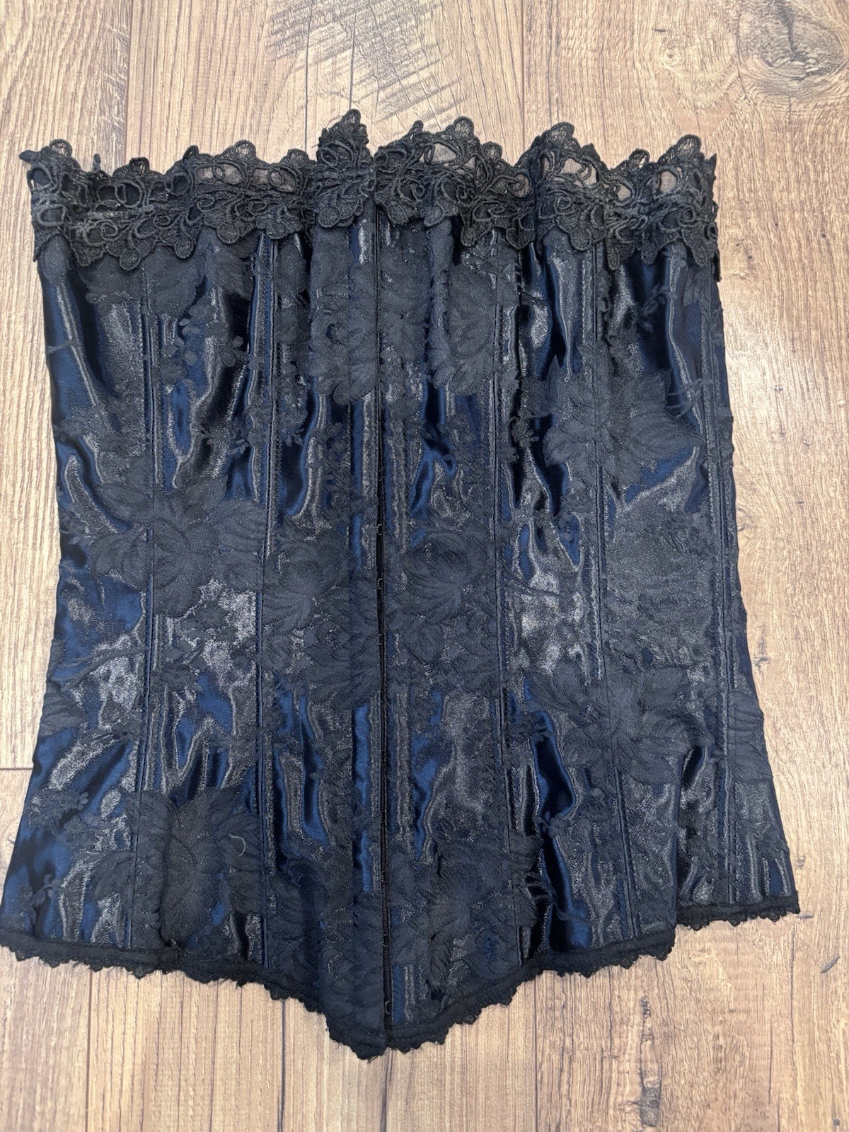 Frederick’s of Hollywood Corset Women 32 Black Brocade Floral Lace Up Burlesque