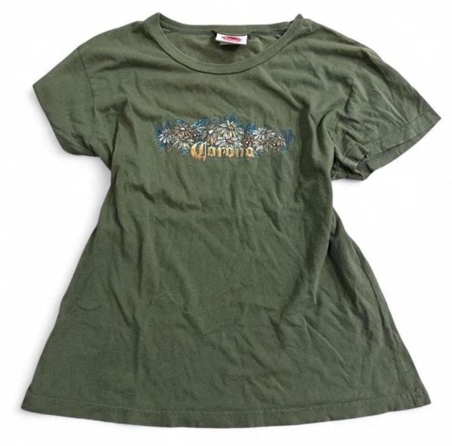Vintage Rare Threads Corona Beer Floral Graphic Olive Green T-Shirt Made in USA