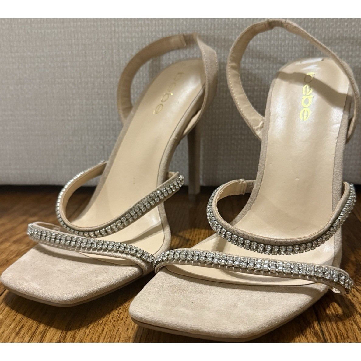 Vintage BEBE Y2K Rhinestone Slingback Heels Nude Square Toe McBling Glam Party